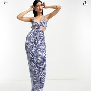 ASOS DESIGN plisse strappy cut out midi dress in blue zebra